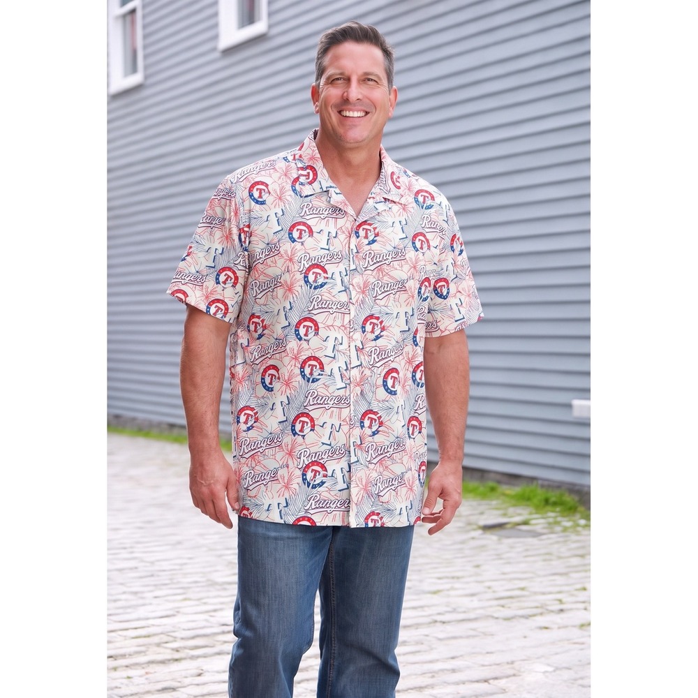 Texas Rangers MLB Mens XL Tropical Floral Button Up Shirt Short Sleeve White